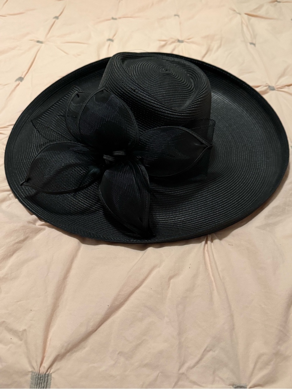 Chic Black Wide-Brim Floral Accent Hat by August Accessories